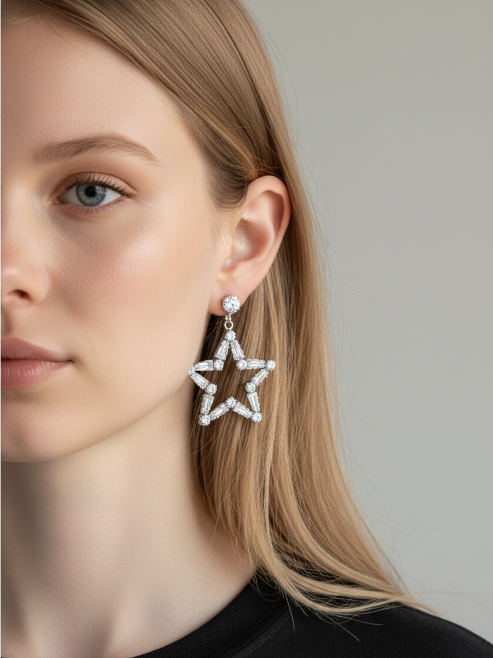 10/2 Star-Shaped Crystal Drop Earrings - Silver Tone